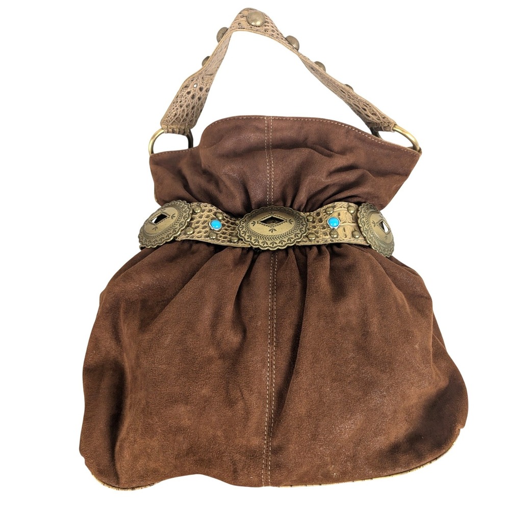 Kathy Van Zeeland Vintage Boho Western Brown Hobo Bag Turquoise Concho Studded